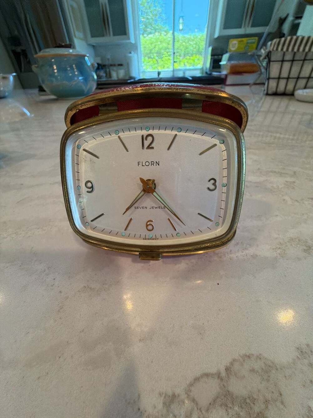 Vintage Florn 7-Jewel Travel Alarm Clock in Red Leather Folding Case